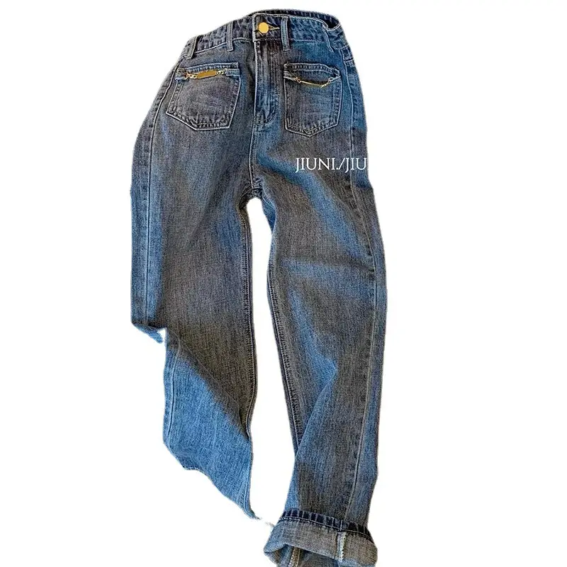 Women Retro Dark Blue Washed Straight Jeans 2024