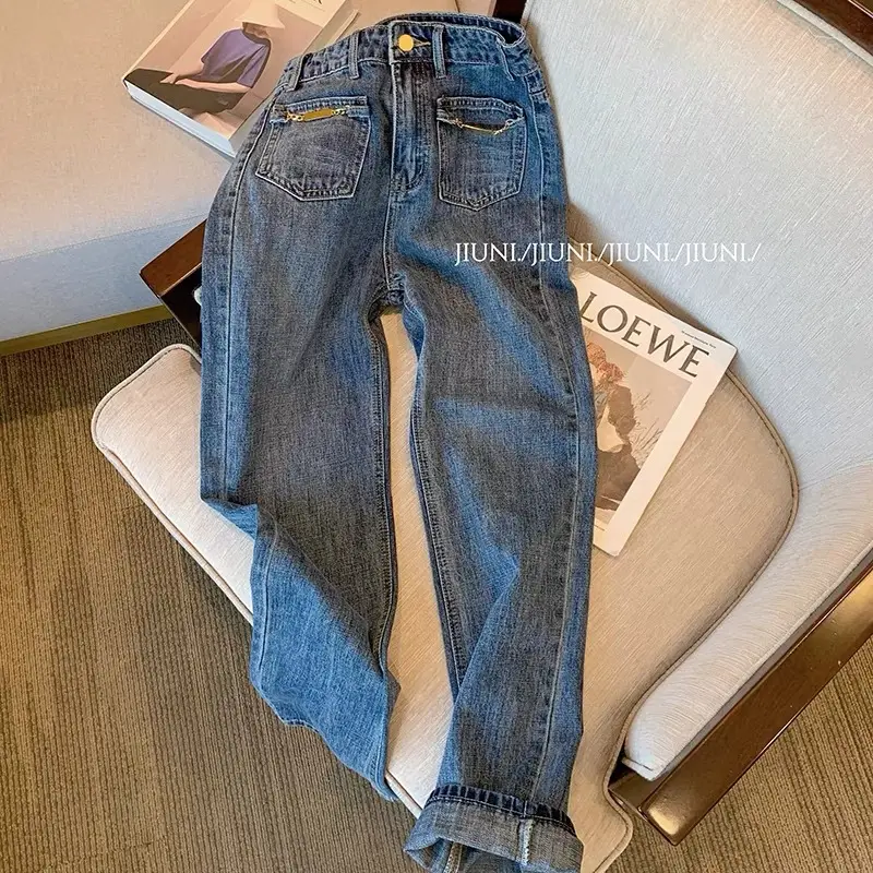 Women Retro Dark Blue Washed Straight Jeans 2024 — feature 3