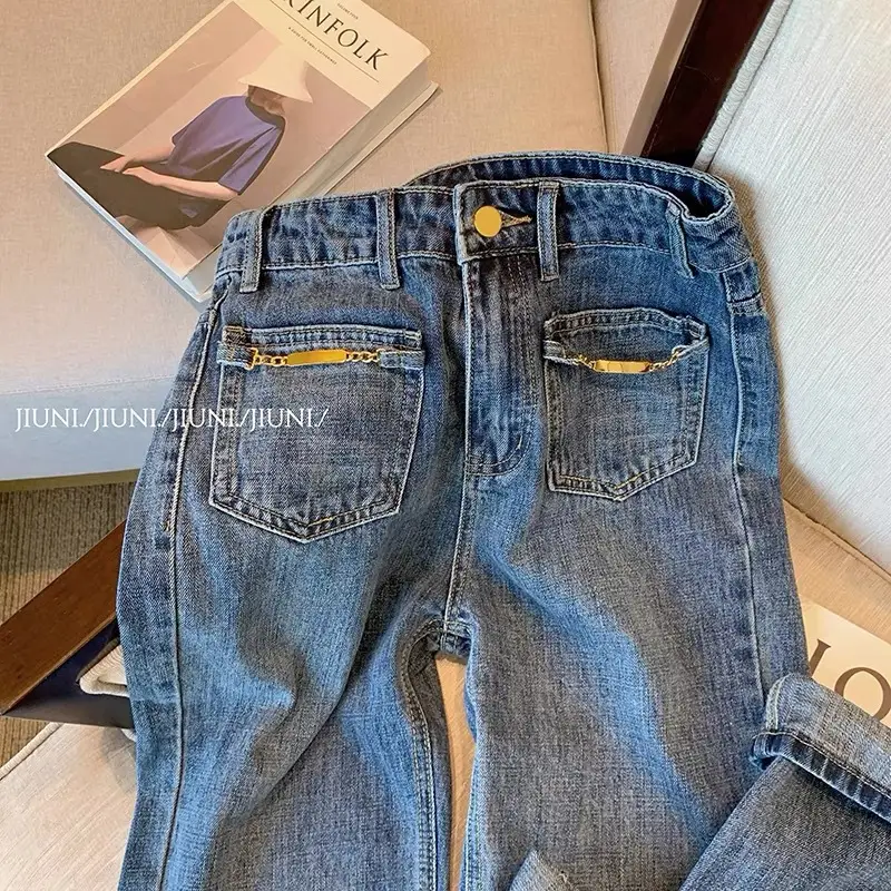 Women Retro Dark Blue Washed Straight Jeans 2024 — feature 5