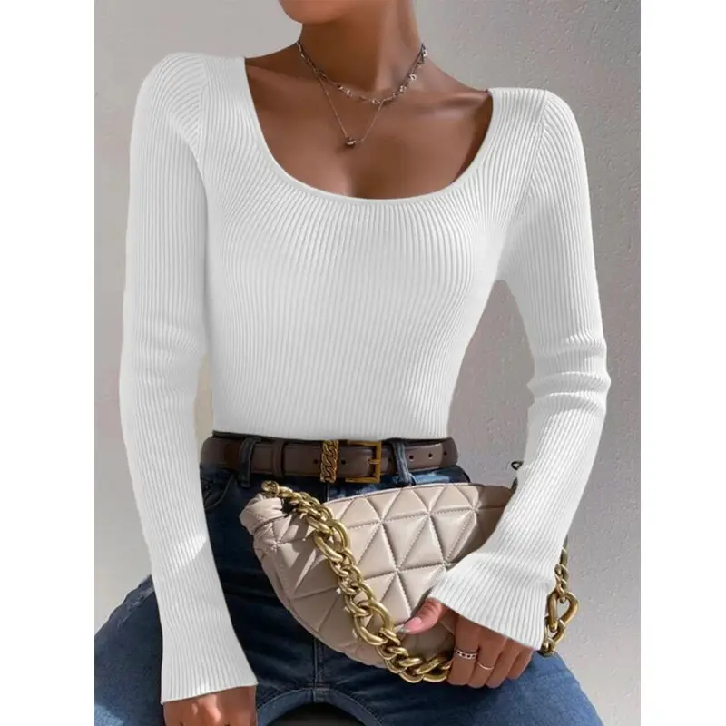 Women Knit Round Neck Slim Pullover Top Orange 2024 - Image 2