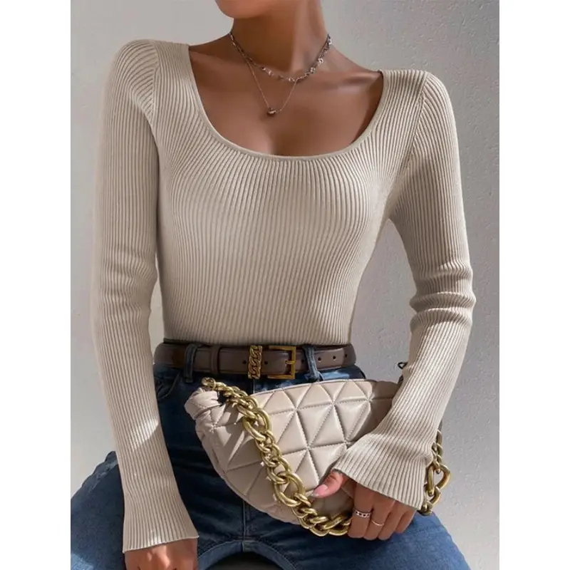 Women Knit Round Neck Slim Pullover Top Orange 2024 - Image 12