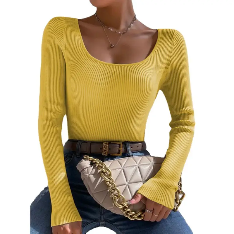 Women Knit Round Neck Slim Pullover Top Orange 2024 - Image 13