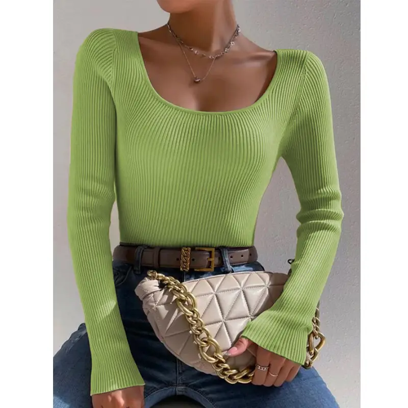 Women Knit Round Neck Slim Pullover Top Orange 2024 - Image 10