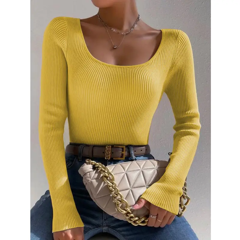 Women Knit Round Neck Slim Pullover Top Orange 2024 - Image 3