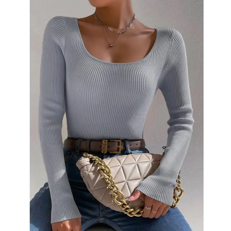 Women Knit Round Neck Slim Pullover Top Orange 2024 - Image 4