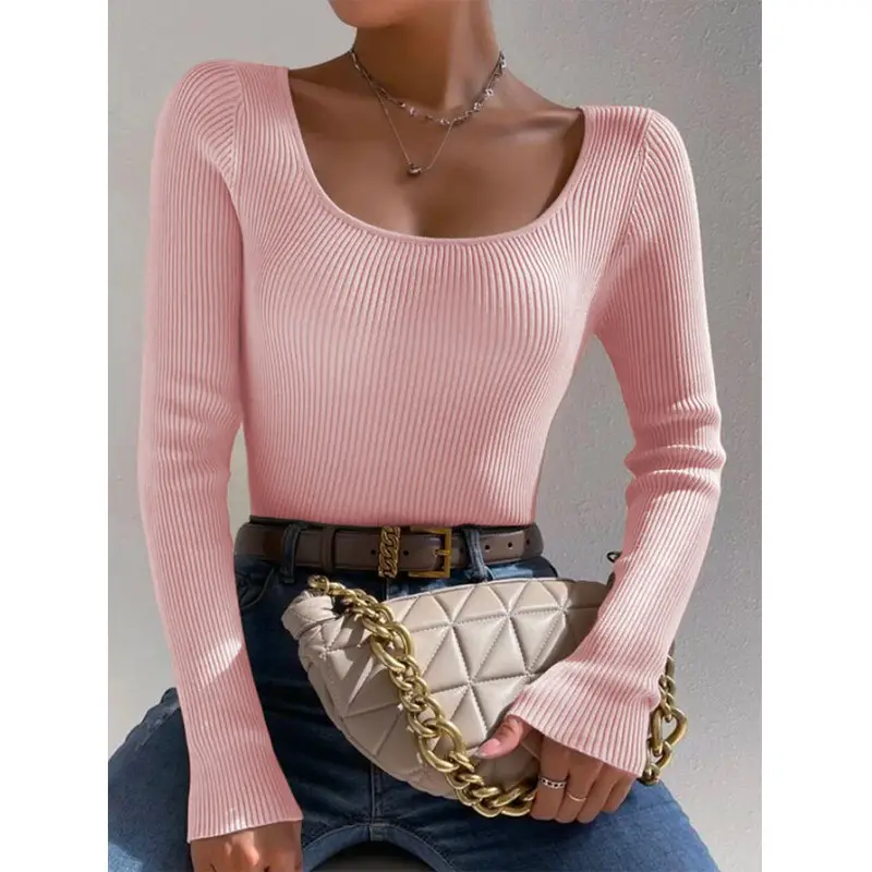 Women Knit Round Neck Slim Pullover Top Orange 2024 - Image 5