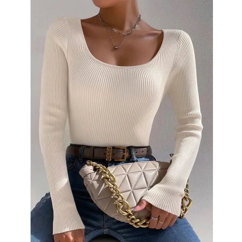 Women Knit Round Neck Slim Pullover Top Orange 2024 - Image 6