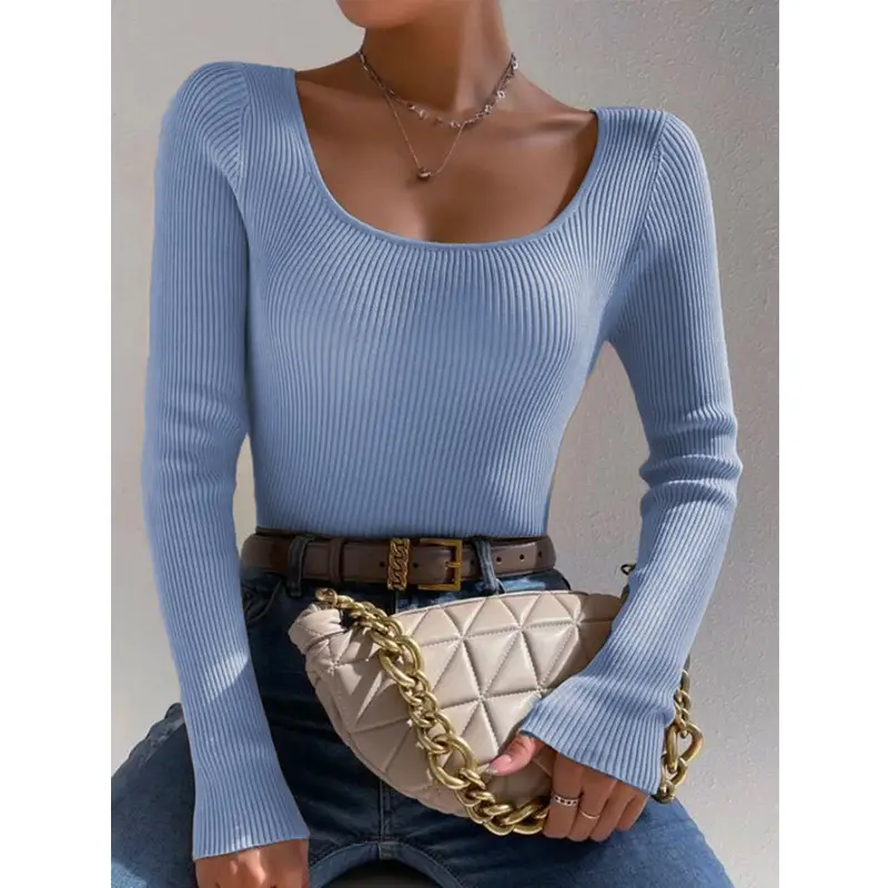 Women Knit Round Neck Slim Pullover Top Orange 2024 - Image 8