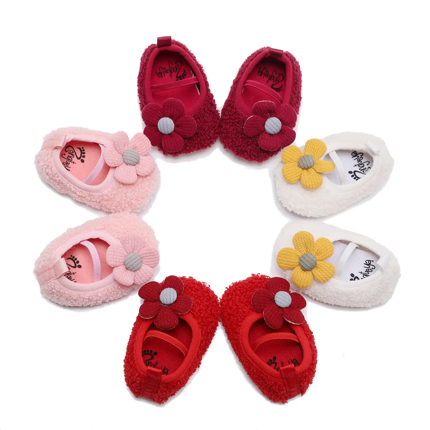 Pink Five-Petal Teddy Baby Shoes Toddler Non-Slip