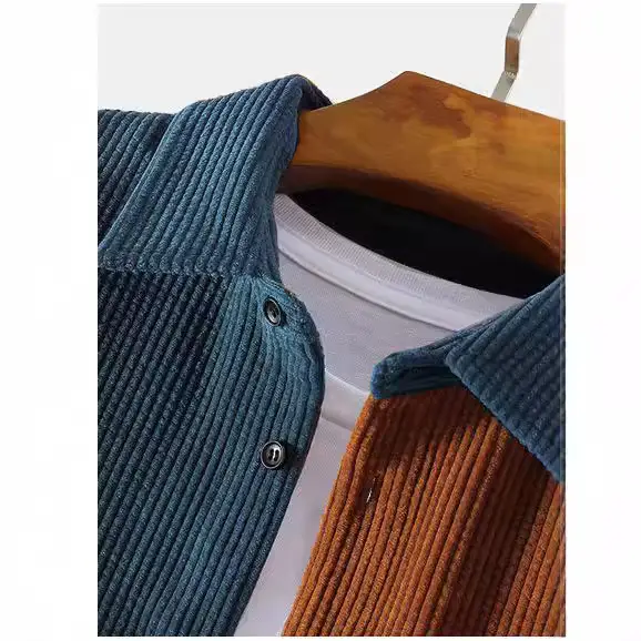 Men's Long Sleeve Corduroy Shirt Blue Brown - Image 7