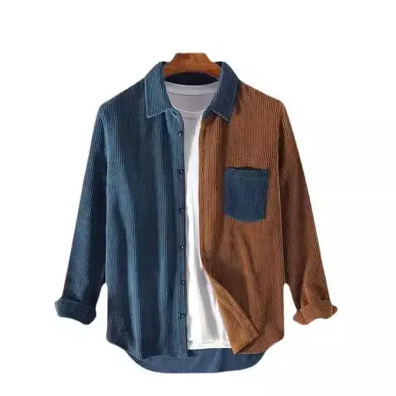 Men's Long Sleeve Corduroy Shirt Blue Brown - Image 8