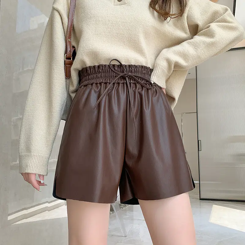 PU Leather High Waist Shorts Women Brown 2023 - Image 4