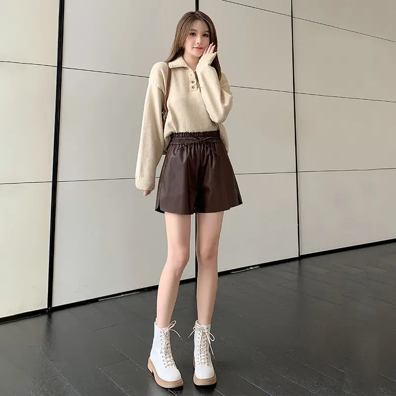 PU Leather High Waist Shorts Women Brown 2023 - Image 5