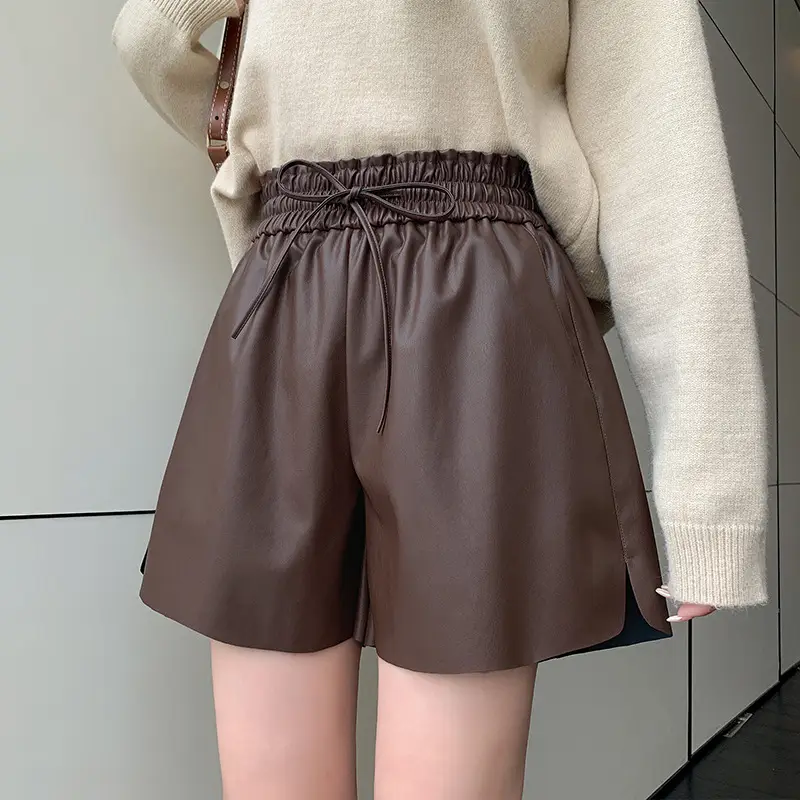 PU Leather High Waist Shorts Women Brown 2023 - Image 2