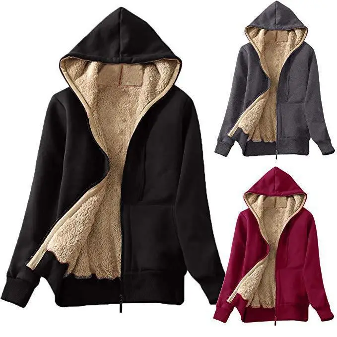 Women's Black Plush Hooded Hoodie Large Winter Coat — feature 40