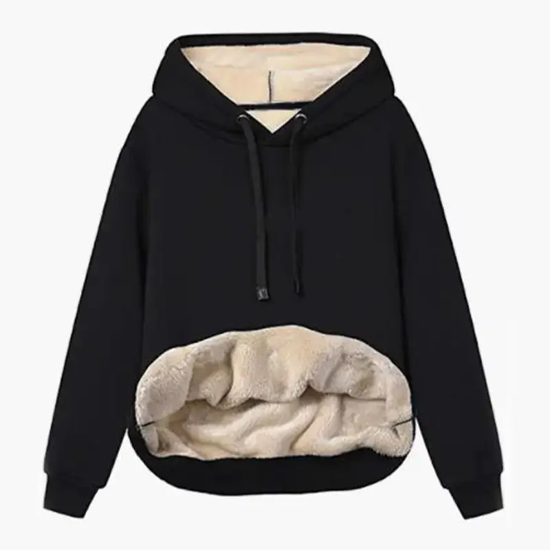 Women's Black Plush Hooded Hoodie Large Winter Coat - Image 8