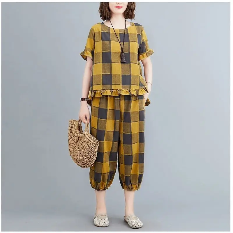 Women Plaid Casual Two-Piece Suit Plus Size Yellow - Image 5