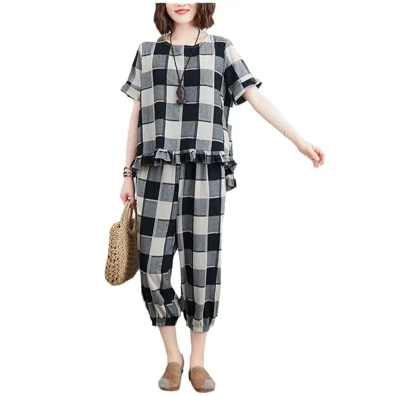 Women Plaid Casual Two-Piece Suit Plus Size Yellow - Image 6