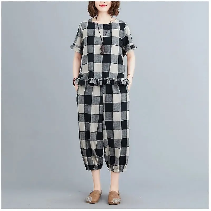 Women Plaid Casual Two-Piece Suit Plus Size Yellow — feature 10