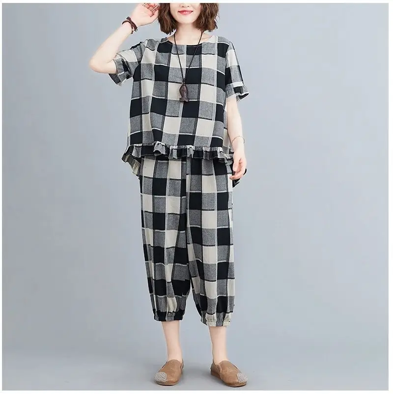Women Plaid Casual Two-Piece Suit Plus Size Yellow — feature 11