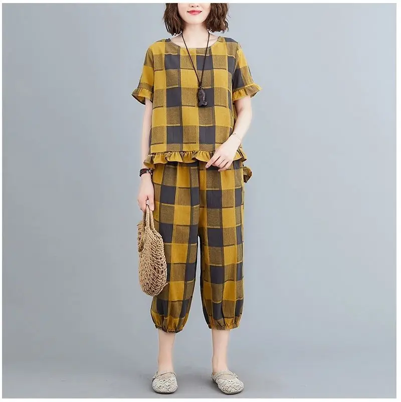 Women Plaid Casual Two-Piece Suit Plus Size Yellow — feature 13