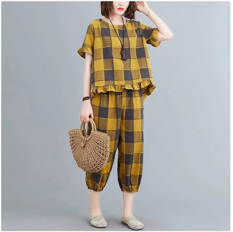 Women Plaid Casual Two-Piece Suit Plus Size Yellow — feature 14