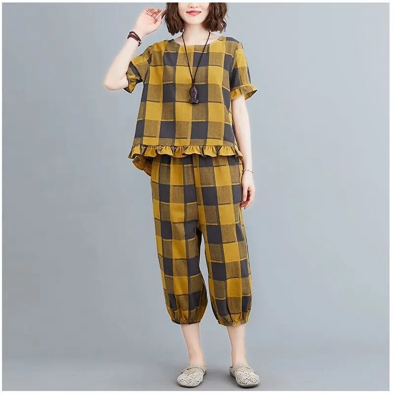 Women Plaid Casual Two-Piece Suit Plus Size Yellow — feature 15