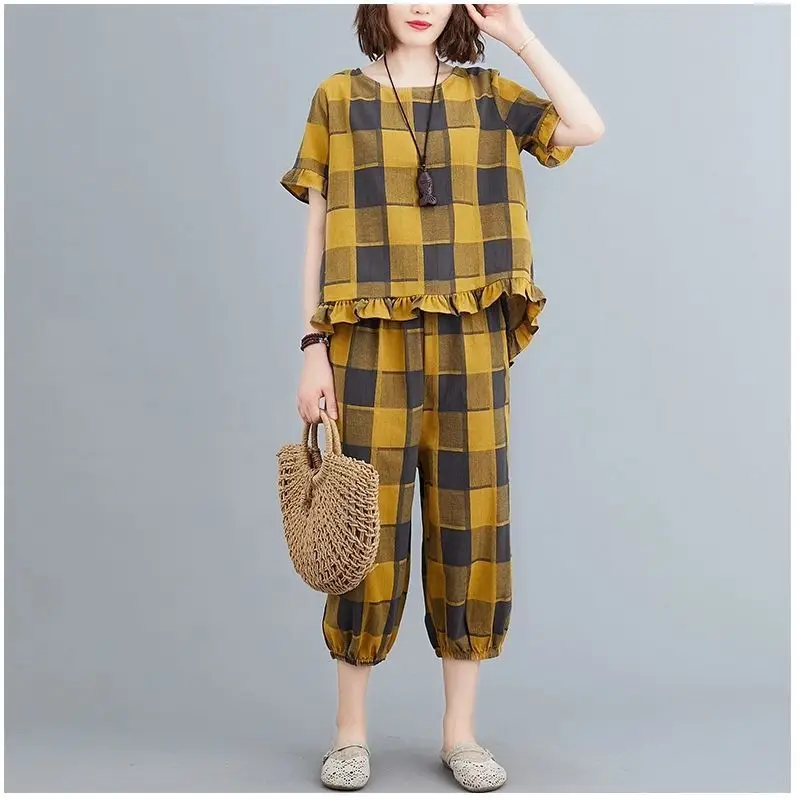 Women Plaid Casual Two-Piece Suit Plus Size Yellow — feature 16