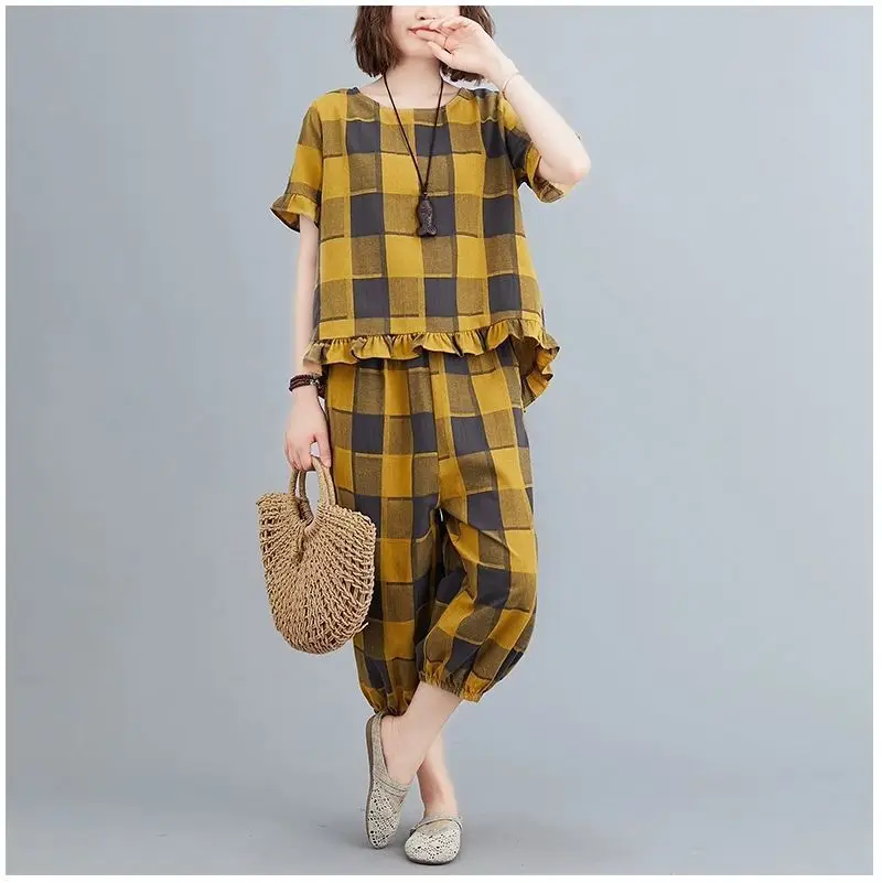 Women Plaid Casual Two-Piece Suit Plus Size Yellow — feature 17