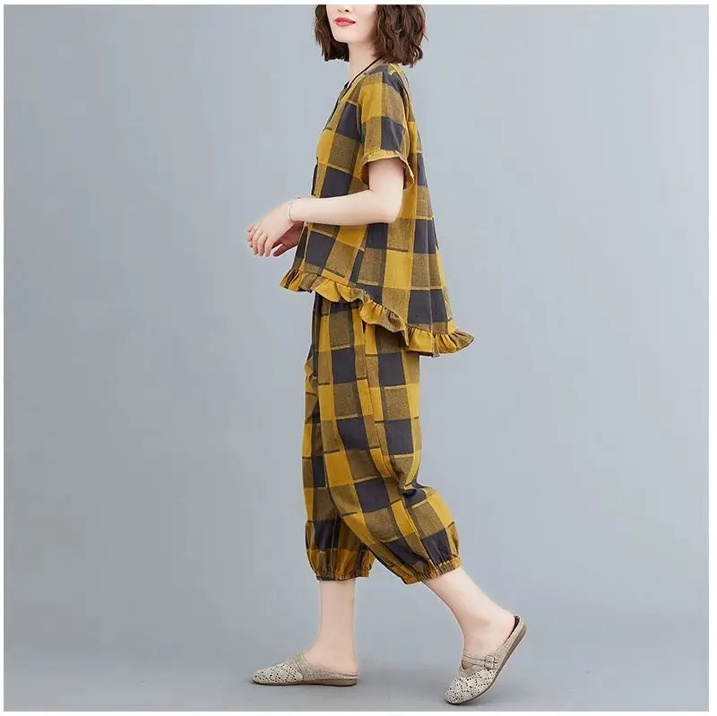 Women Plaid Casual Two-Piece Suit Plus Size Yellow — feature 18