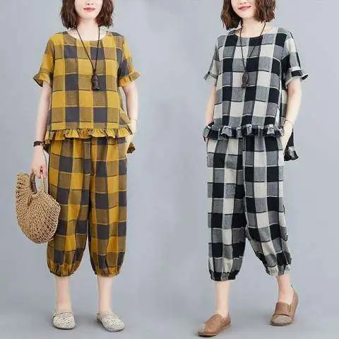 Women Plaid Casual Two-Piece Suit Plus Size Yellow — feature 2