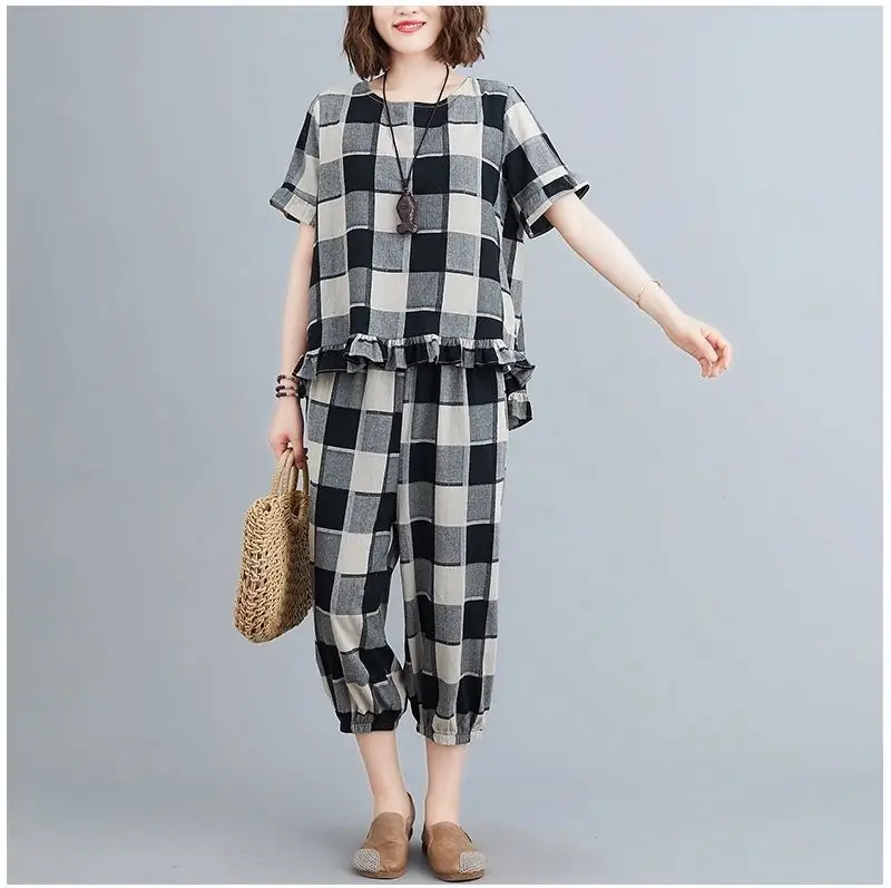 Women Plaid Casual Two-Piece Suit Plus Size Yellow — feature 7