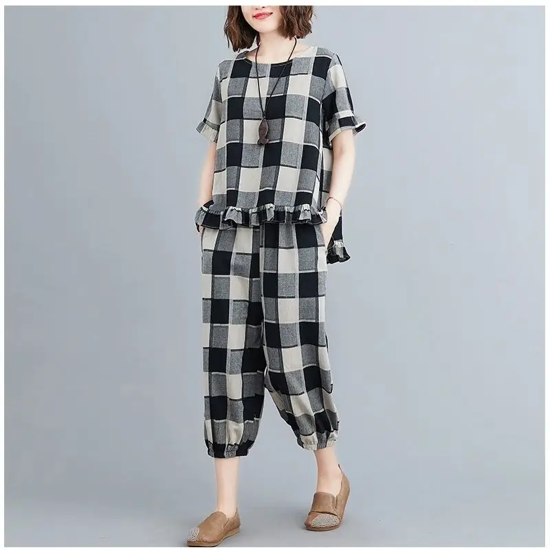 Women Plaid Casual Two-Piece Suit Plus Size Yellow — feature 8