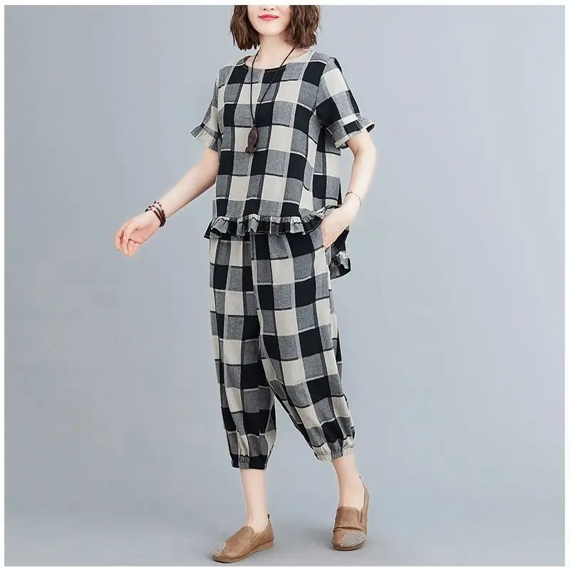 Women Plaid Casual Two-Piece Suit Plus Size Yellow — feature 9