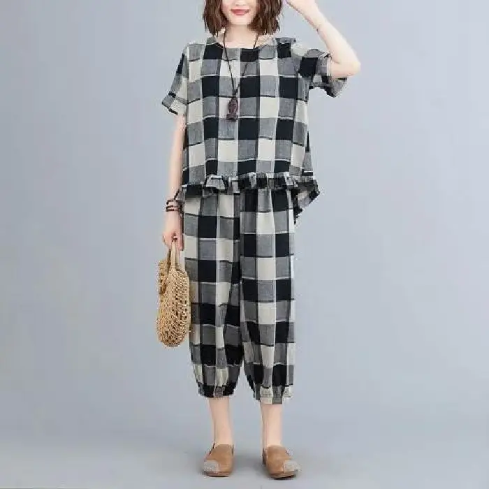Women Plaid Casual Two-Piece Suit Plus Size Yellow - Image 2