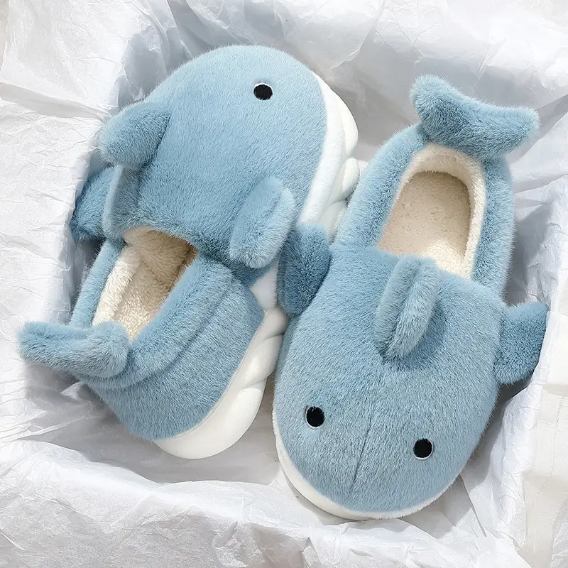 Women Cartoon Dolphin Soft Cotton Slippers Blue Winter - Image 2