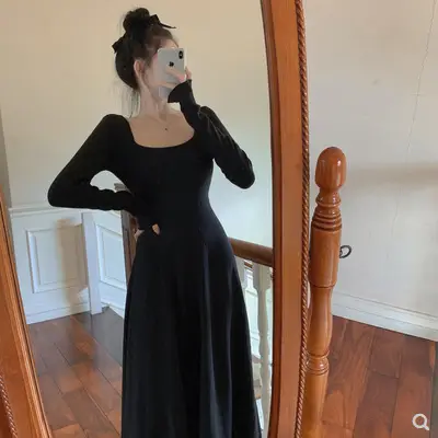 Black Long Sleeve Square Collar Dress for Women - Image 2