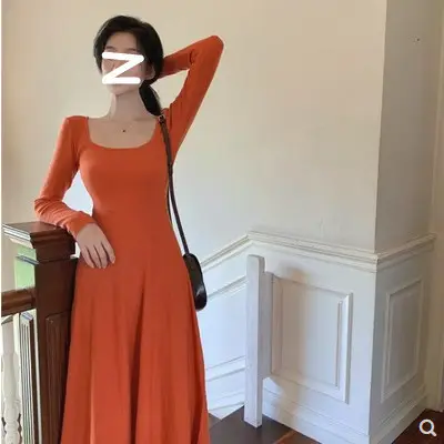 Black Long Sleeve Square Collar Dress for Women - Image 3
