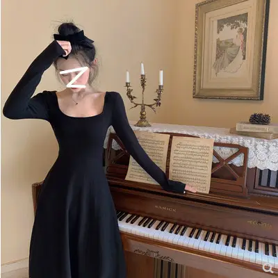 Black Long Sleeve Square Collar Dress for Women - Image 4