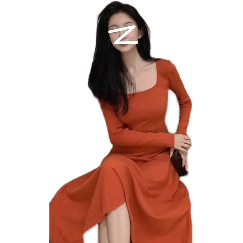 Black Long Sleeve Square Collar Dress for Women - Image 5