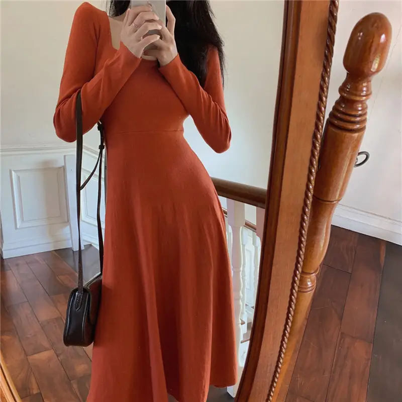 Black Long Sleeve Square Collar Dress for Women — feature 10