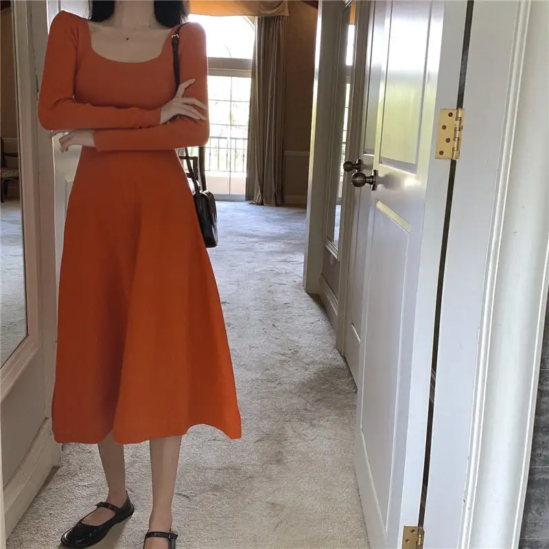 Black Long Sleeve Square Collar Dress for Women — feature 11