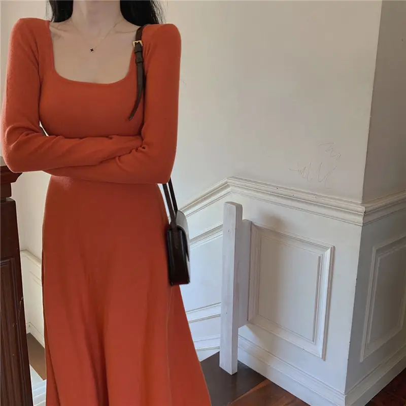 Black Long Sleeve Square Collar Dress for Women — feature 12