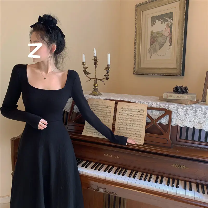 Black Long Sleeve Square Collar Dress for Women — feature 15