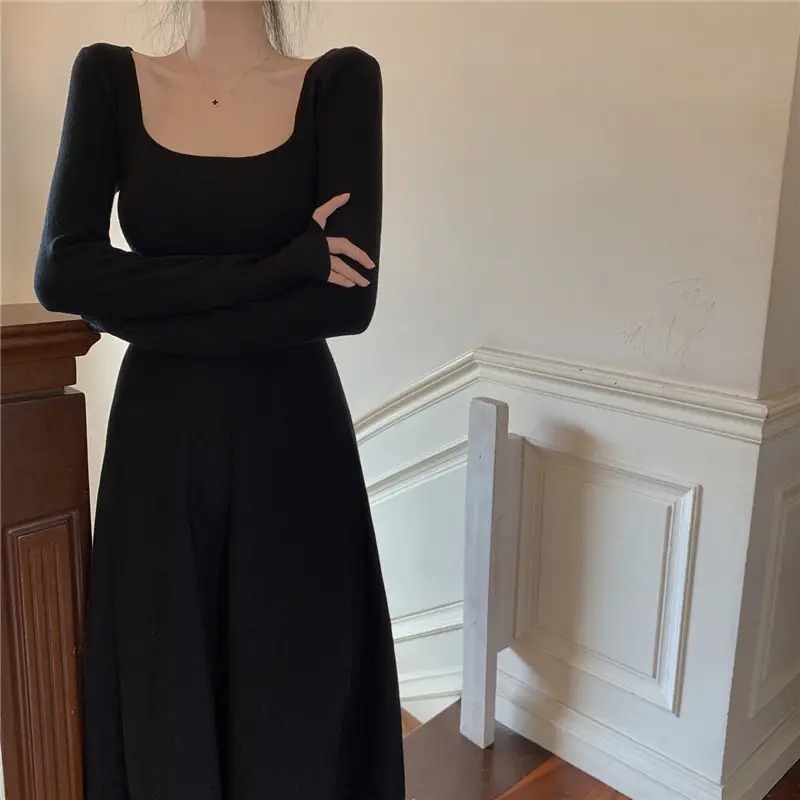 Black Long Sleeve Square Collar Dress for Women — feature 16