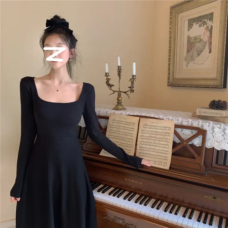 Black Long Sleeve Square Collar Dress for Women — feature 17