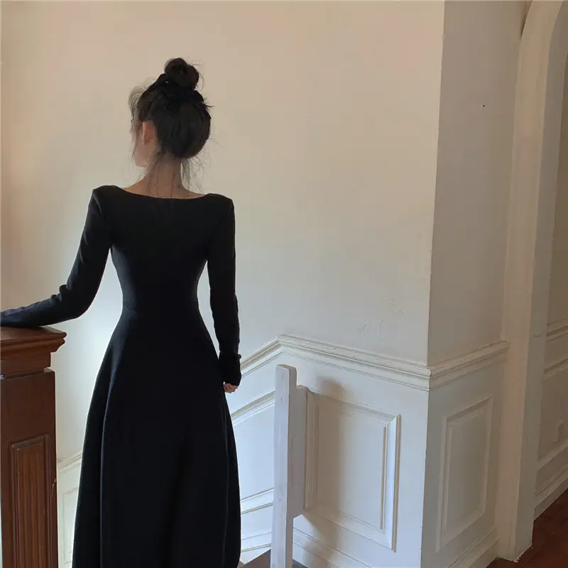 Black Long Sleeve Square Collar Dress for Women — feature 18