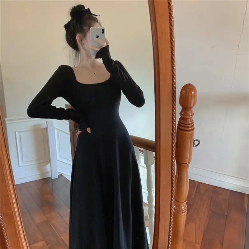 Black Long Sleeve Square Collar Dress for Women — feature 19