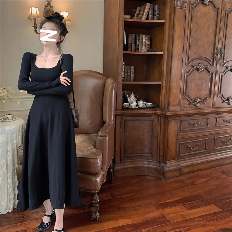 Black Long Sleeve Square Collar Dress for Women — feature 20