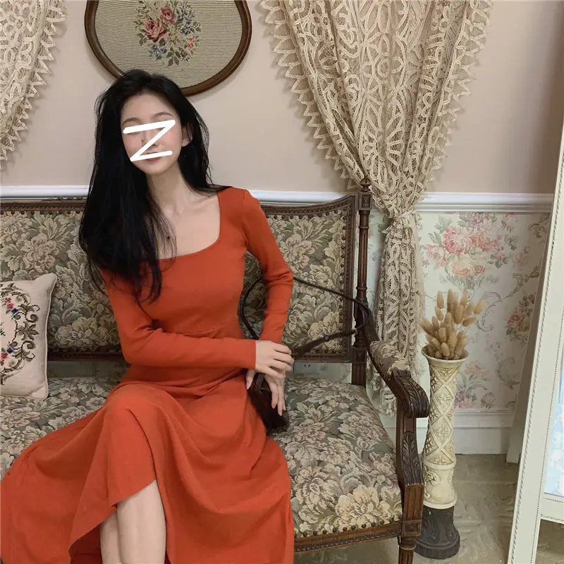 Black Long Sleeve Square Collar Dress for Women — feature 5